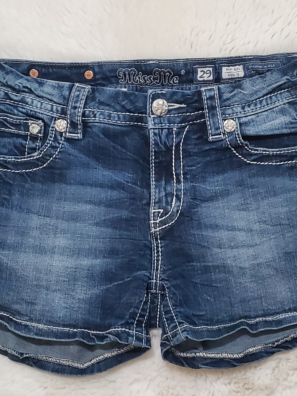 Miss Me Indigo Washed Denim Shorts with White Stitching